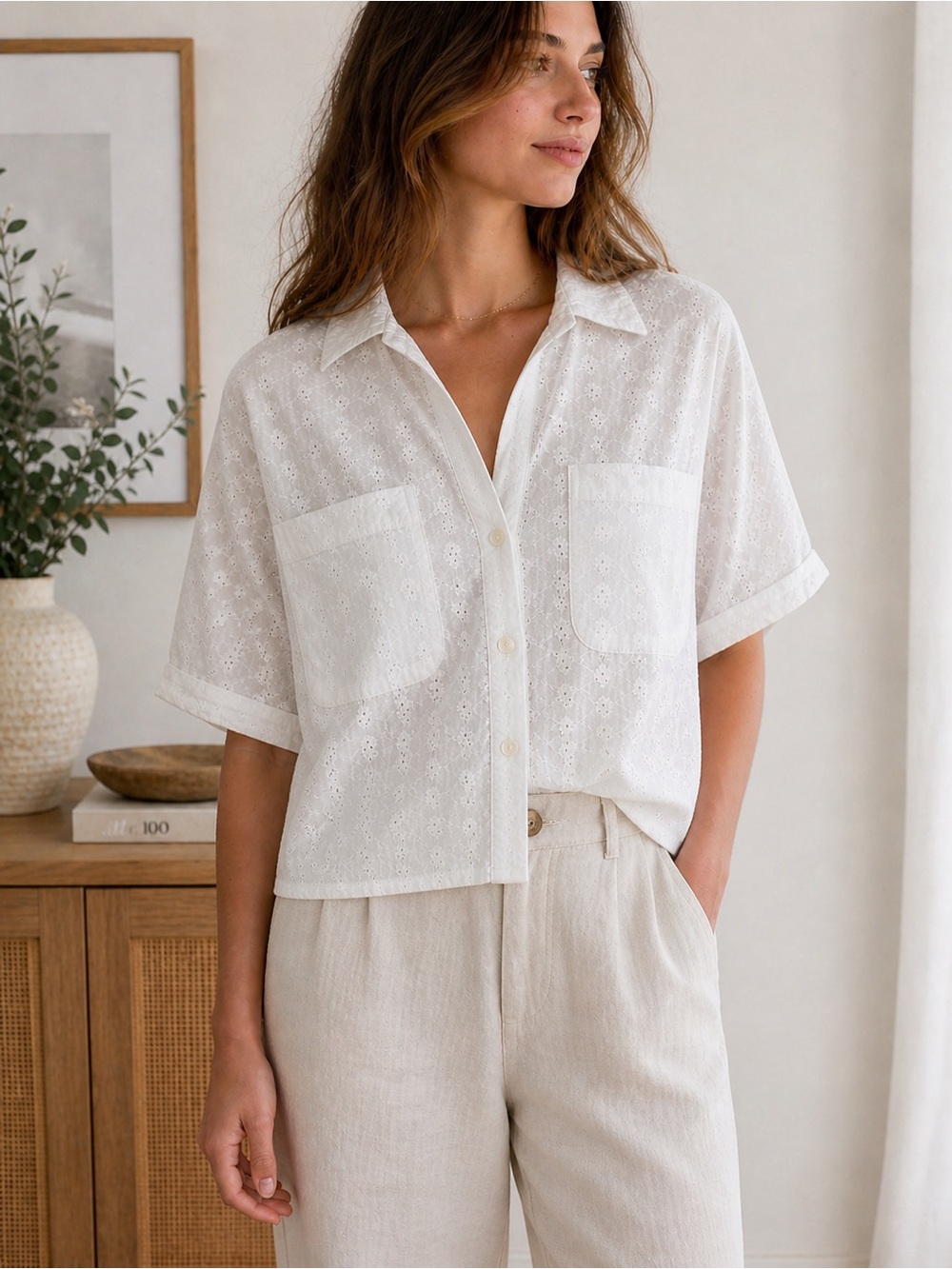 Massimo Alba White Floral Eyelet Cotton Blouse Oversized Button Front Top